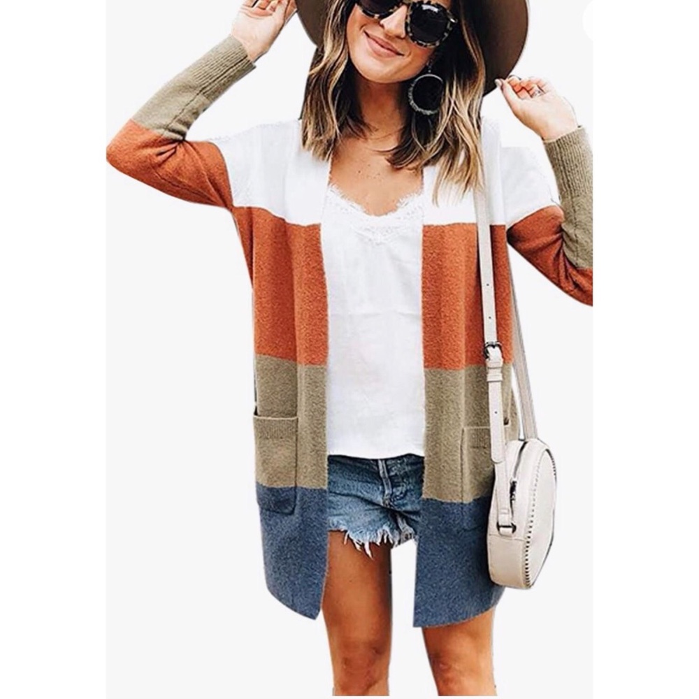 Women’s Color Block, White/Orange/Tan/Navy Blue Cardigan with Pockets